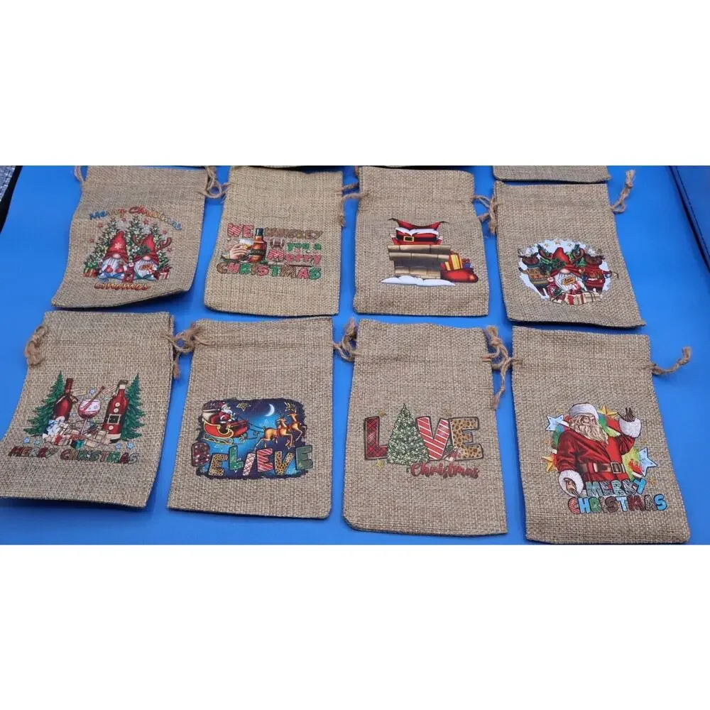 12 Christmas Drawstring Bags 6”x4” Mini Candy Burlap Bags. New